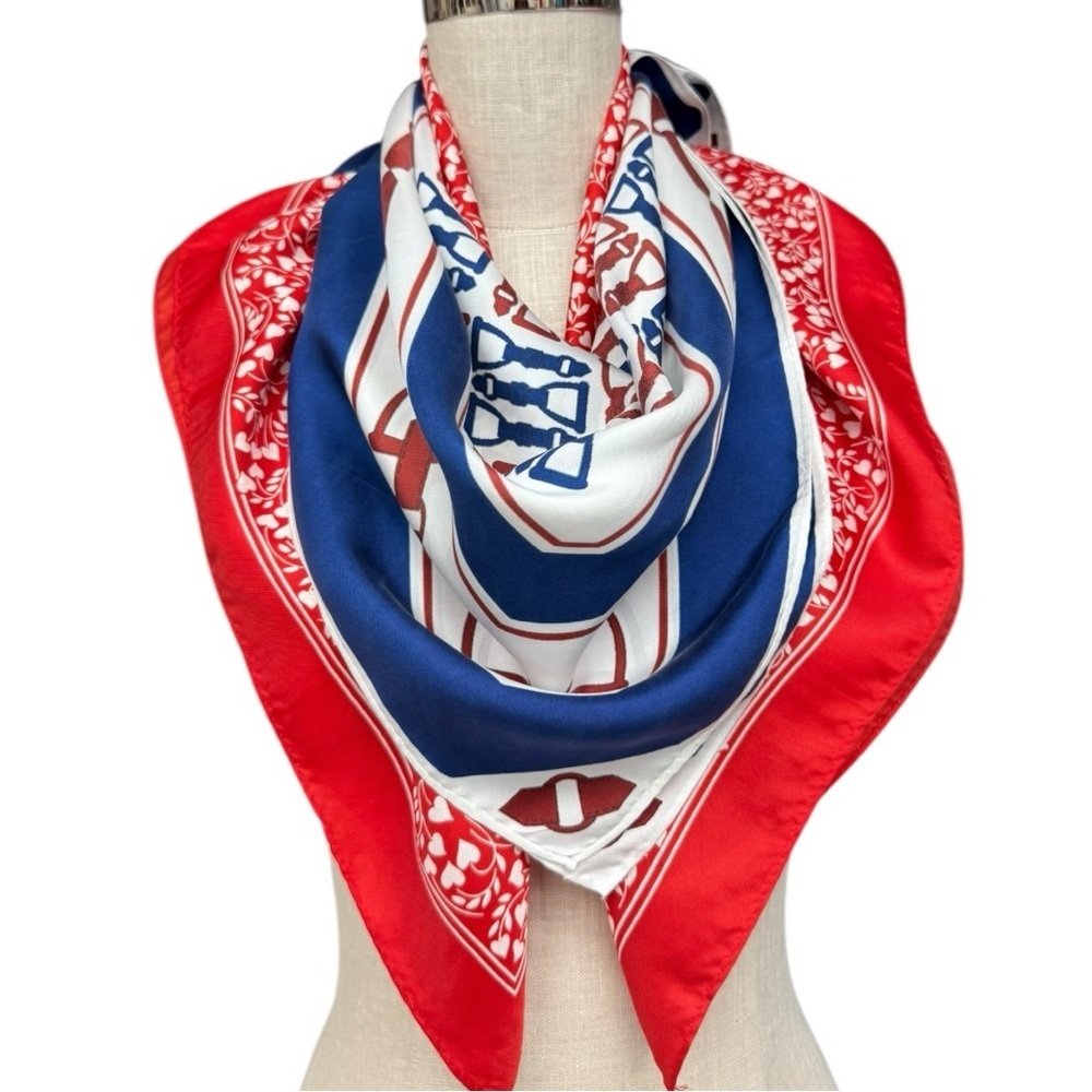 Bundle of 2 Scarves Red Heart Print & Blue Equestrian Horse Bit Square Scarves - Picture 3 of 13